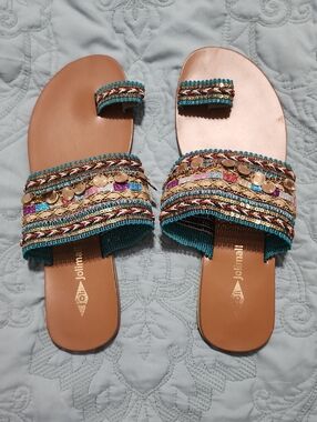 Teal Multicolor Beaded Slide Sandals